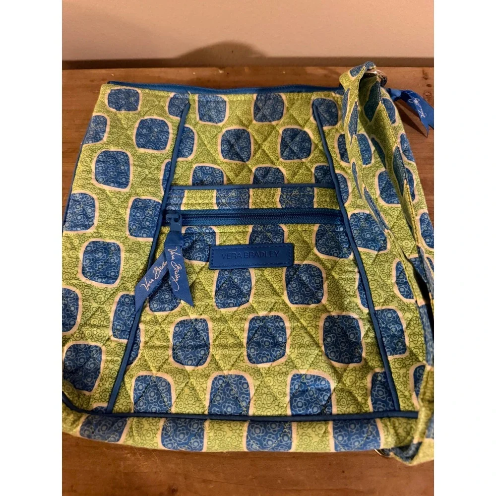 Vera Bradley Hipster Crossbody Bag Green Blue Geometric Floral Quilted Cotton